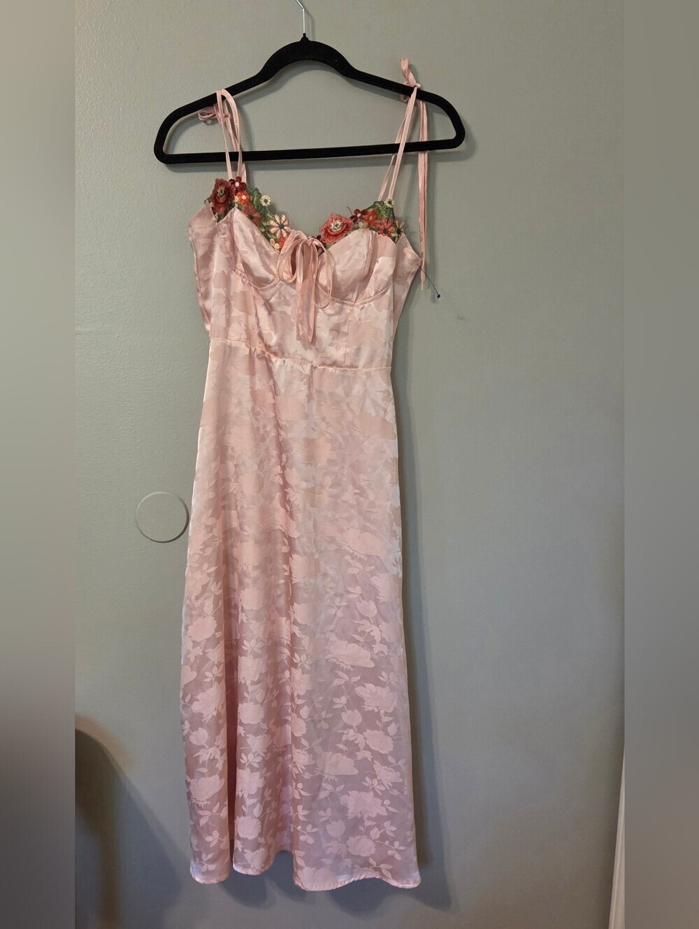 Lulus Womens Ethereal Muse Light Pink Satin Embroidered Midi Slip Dress. Sz S - Picture 7 of 12